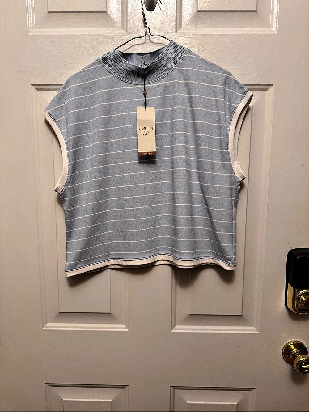 Calia Rib Mock Crop Tank Striped Tank in Blue & White Size Large NWT